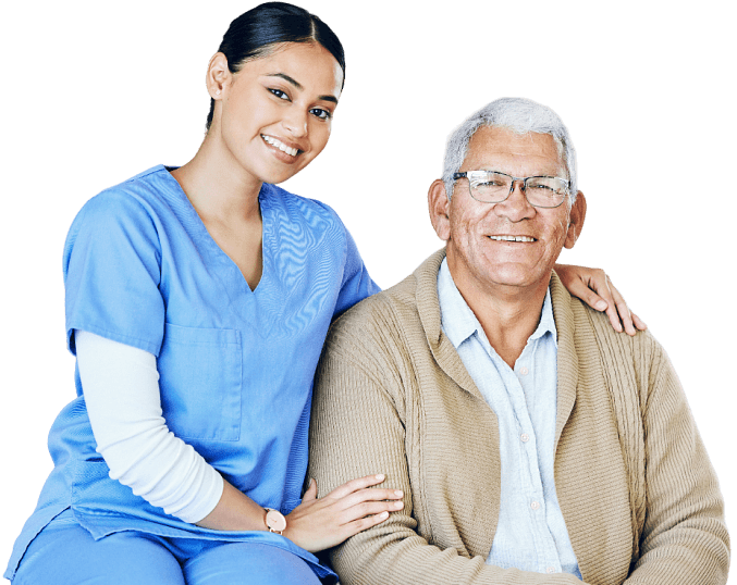 Female nurse and elder man wearing glasess are smiling