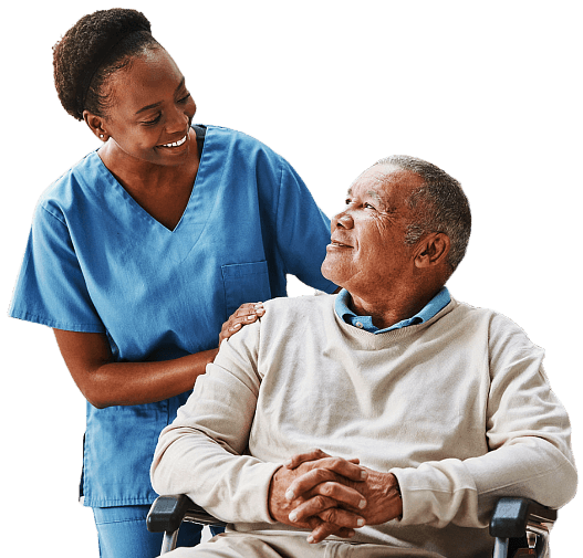 Female nurse holding the shoulder of elder man